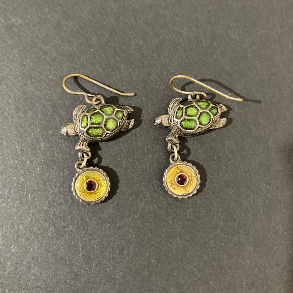 Sea Turtle Drop Earrings With Enamel Accents